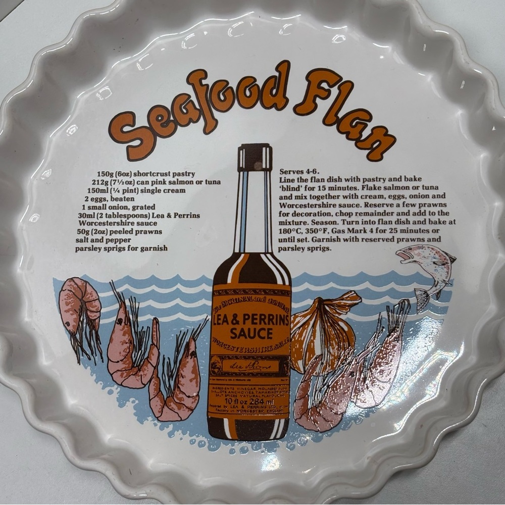 Ulster Ceramics Seafood Flan recipe pie plate featuring Worcestershire Sauce